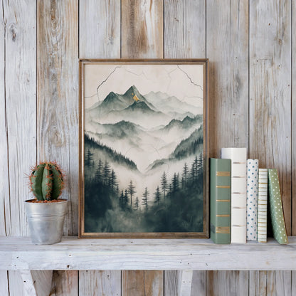 Misty Mountain Watercolor Japandi Evergreen Forest Canvas Art — Clean-lined nature artwork showcasing veiled peaks through drifting morning clouds for modern spaces