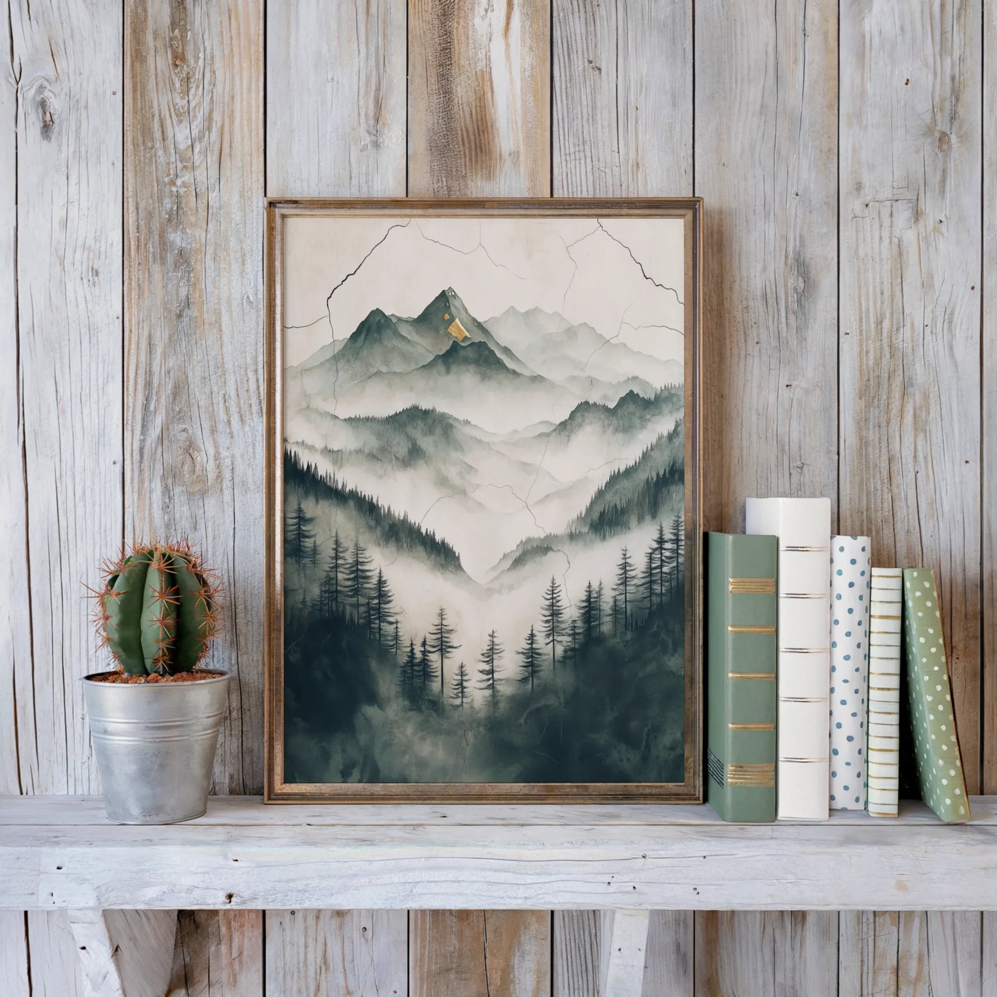 Misty Mountain Watercolor Japandi Evergreen Forest Art in room