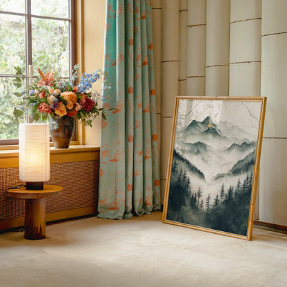 Misty Mountain Watercolor Japandi Evergreen Forest Art in room