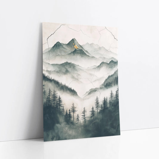 Misty Mountain Watercolor Japandi Evergreen Forest Art art print