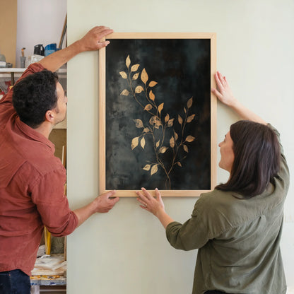 Gold Leaf Botanical Dark Moody Storm Clouds Canvas Wall Art — Opulent framed artwork featuring gilded foliage against stormy backdrop for upscale interior design