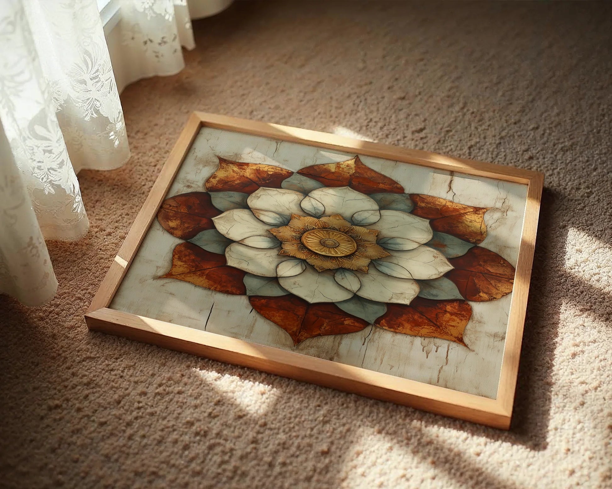 Lotus Mandala Cracked Stone Texture Boho Canvas Wall Art — Bohemian artwork featuring detailed lotus blossom design on distressed stone background for eclectic home