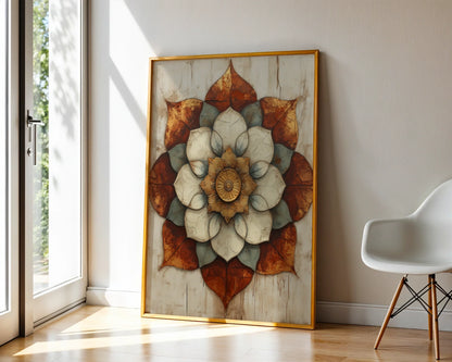 Lotus Mandala Cracked Stone Texture Boho Canvas Wall Art — Relaxed boho style living room wall showcasing faded temple artwork with organic flower patterns