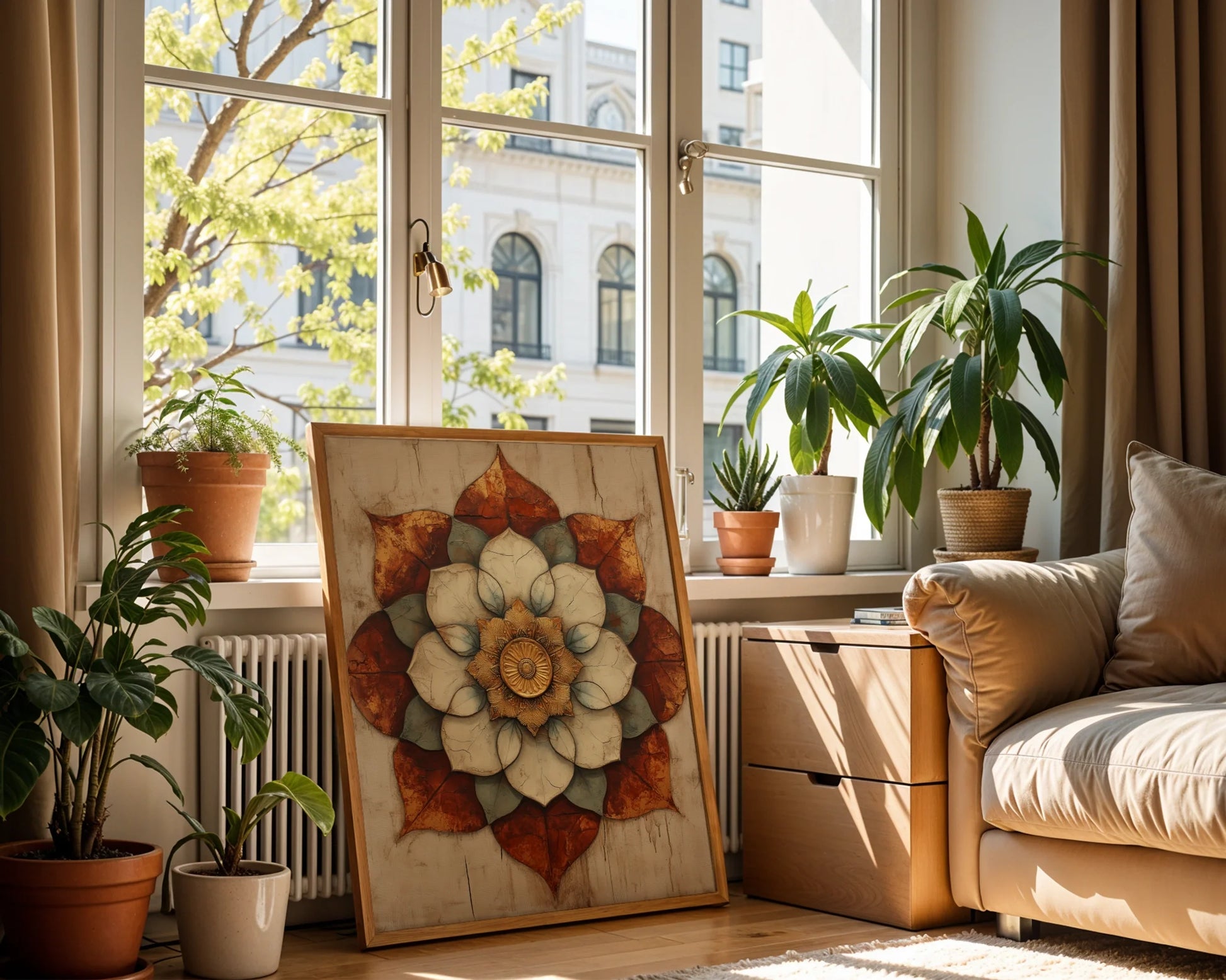 Lotus Mandala Cracked Stone Texture Boho in room