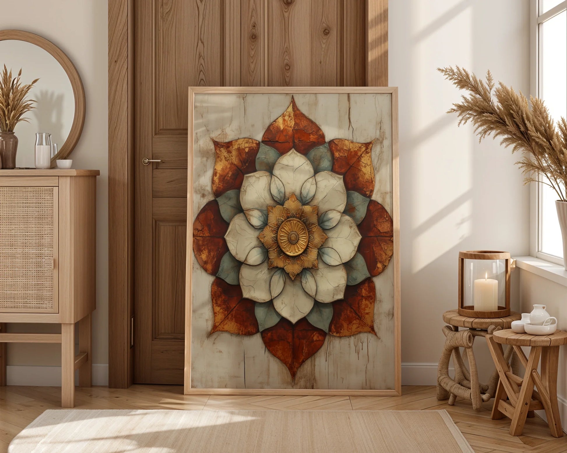 Lotus Mandala Cracked Stone Texture Boho in room