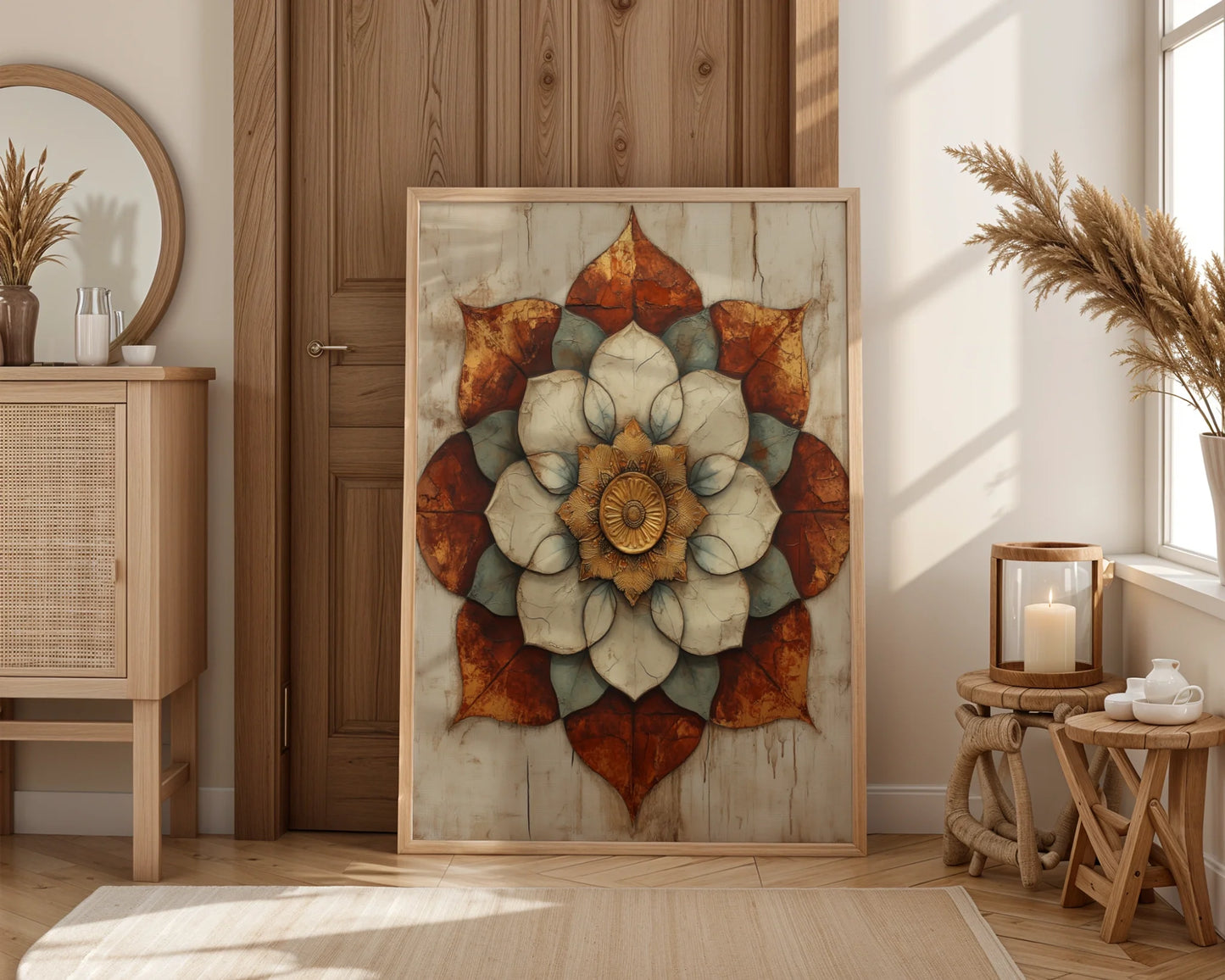 Lotus Mandala Cracked Stone Texture Boho in room