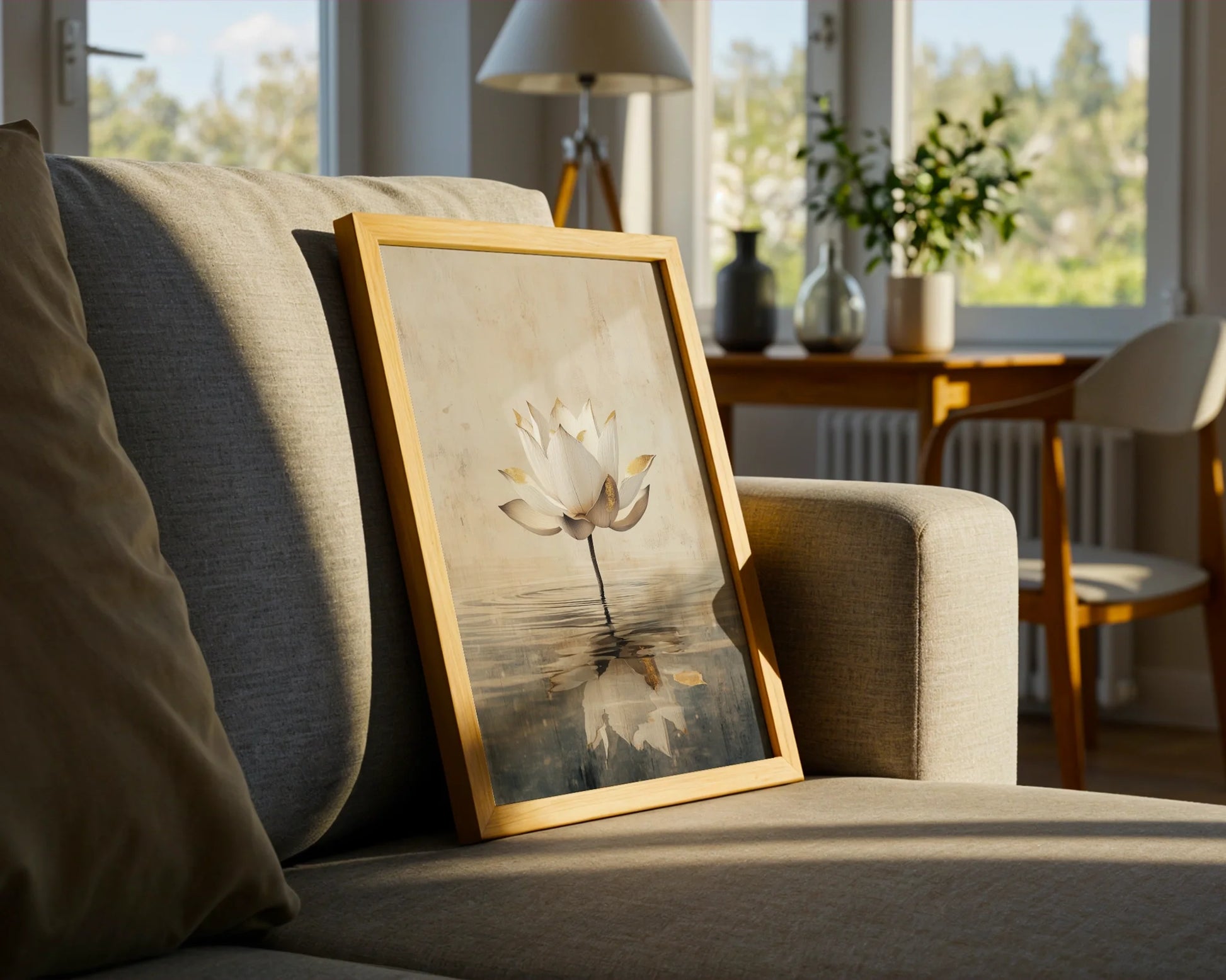 Gold Leaf Lotus Zen Meditation Room Canvas Wall Art — Wabi sabi canvas depicting graceful flower emerging from shadowy pond for organic interior design