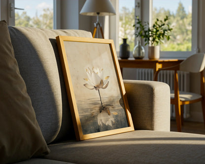 Gold Leaf Lotus Zen Meditation Room Canvas Wall Art — Wabi sabi canvas depicting graceful flower emerging from shadowy pond for organic interior design