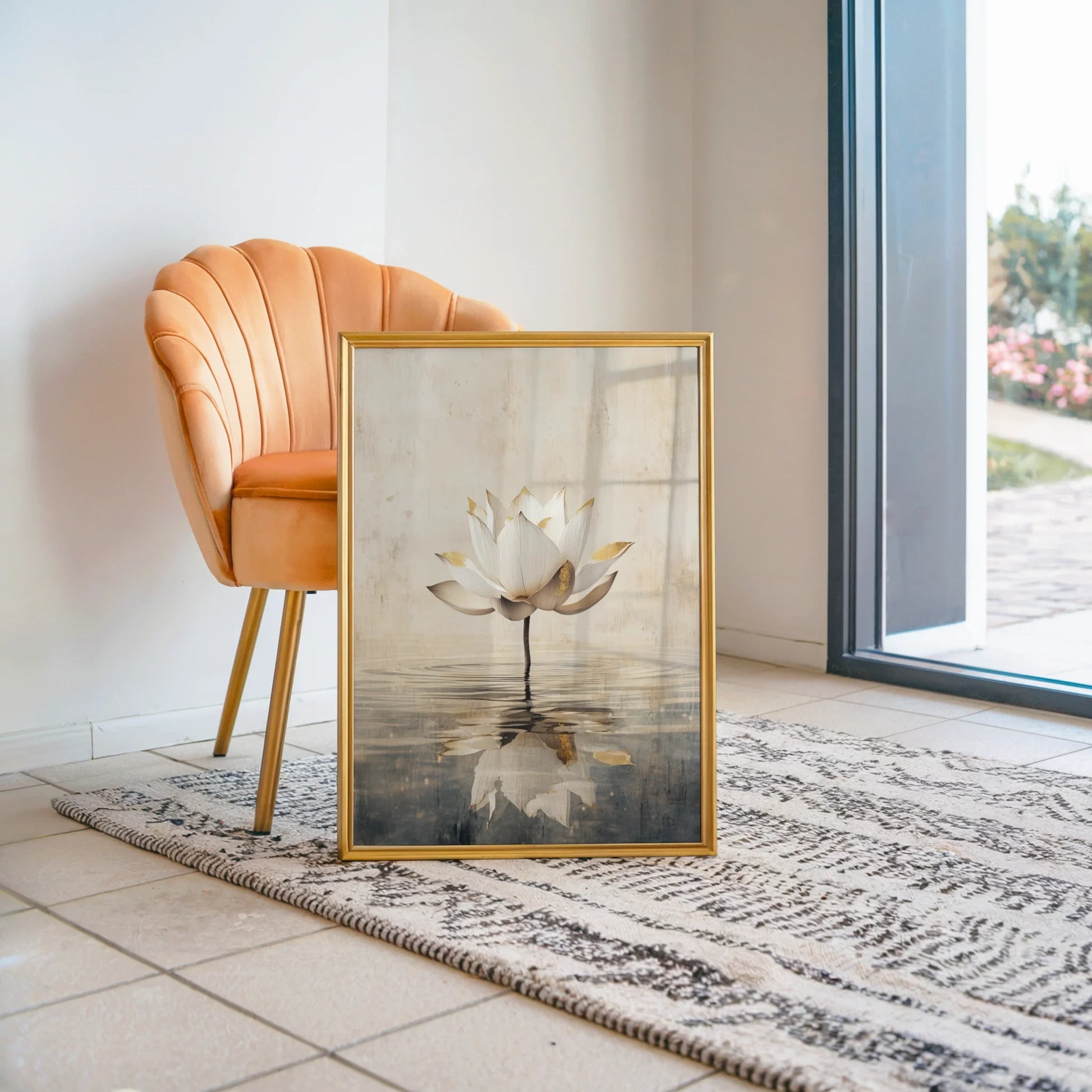Gold Leaf Lotus Zen Meditation Room Canvas Wall Art — Champagne and charcoal tones create textured flower canvas with metallic accents for neutral decor