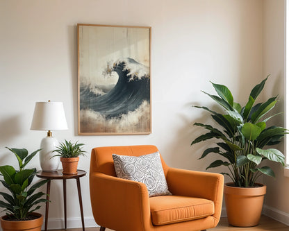 Large Wave Art Weathered Wood Japandi in room