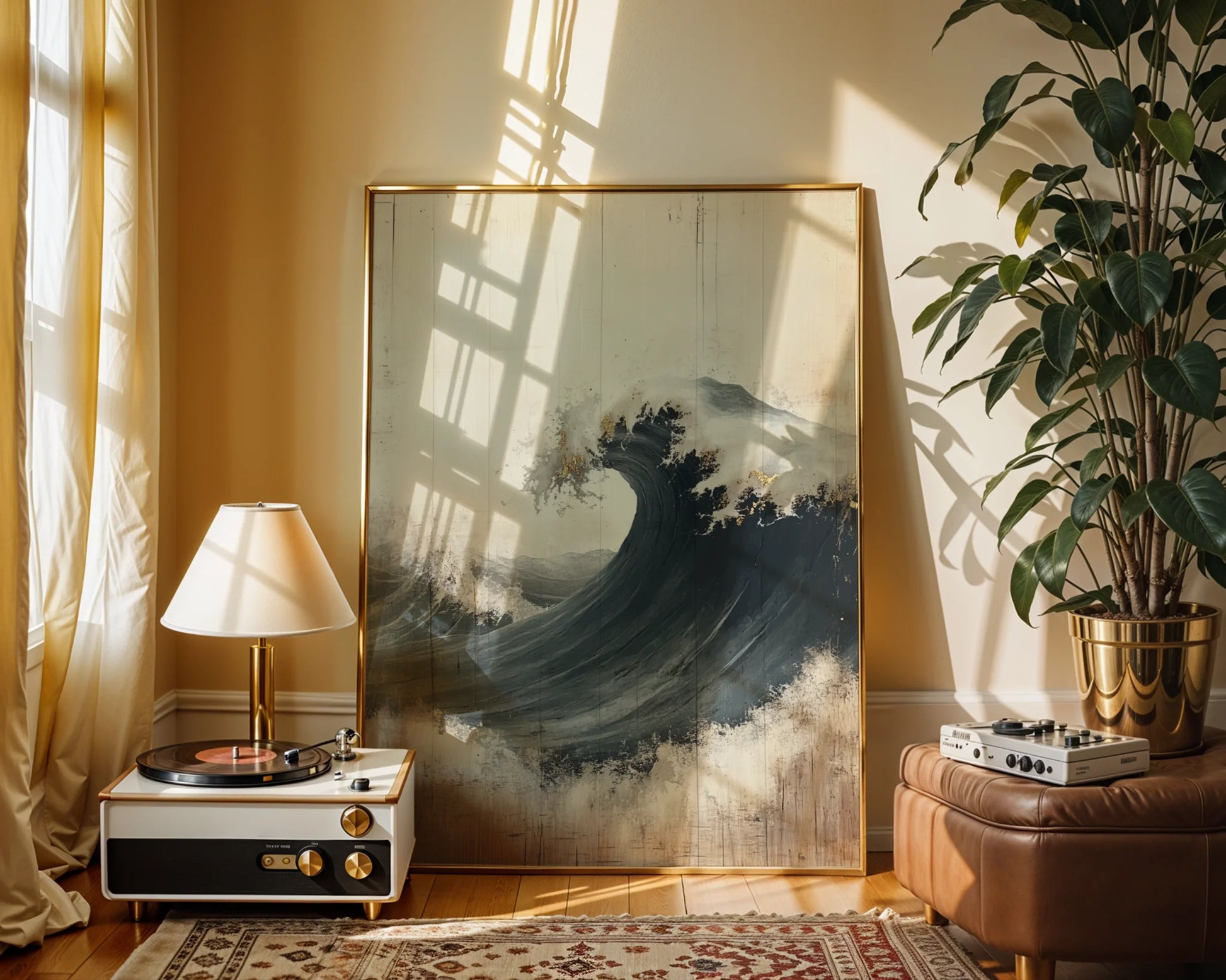Large Wave Art Weathered Wood Japandi in room