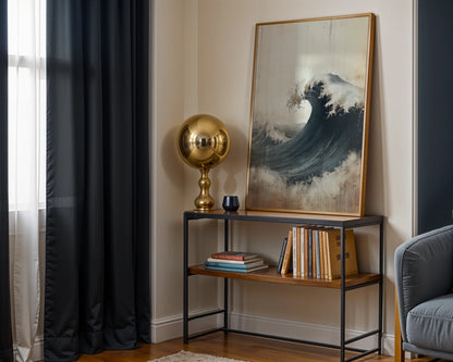 Large Wave Art Weathered Wood Japandi in room