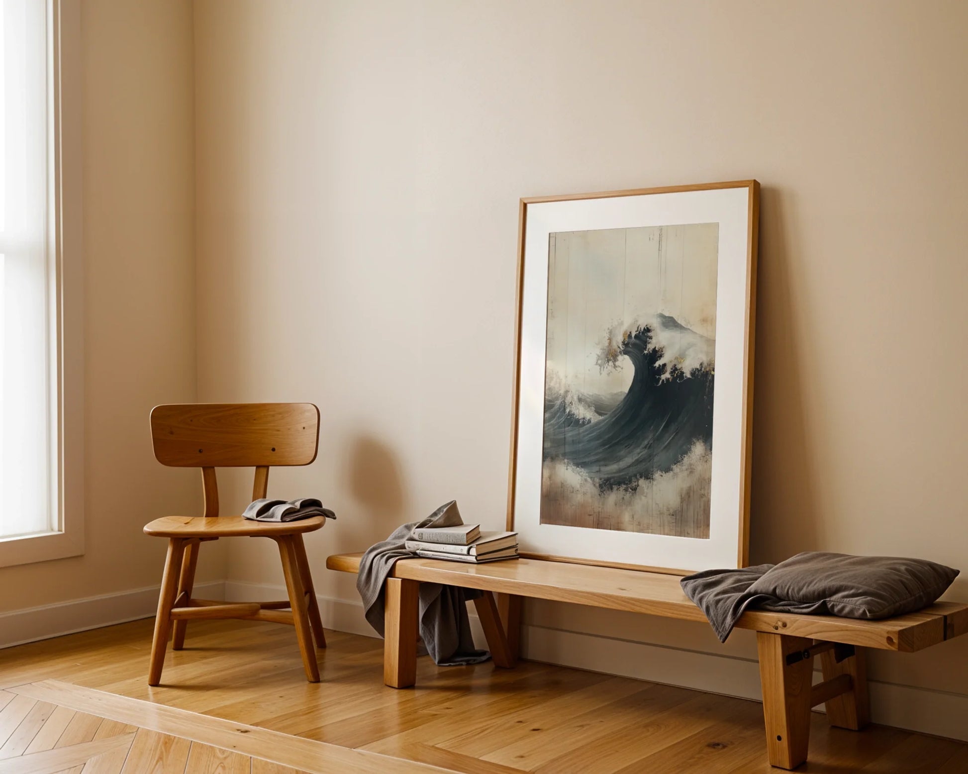 Large Wave Art Weathered Wood Japandi in room