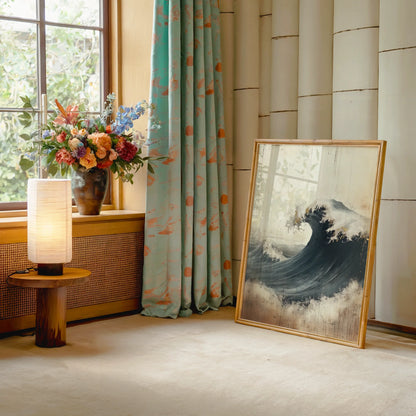 Large Wave Art Weathered Wood Japandi in room