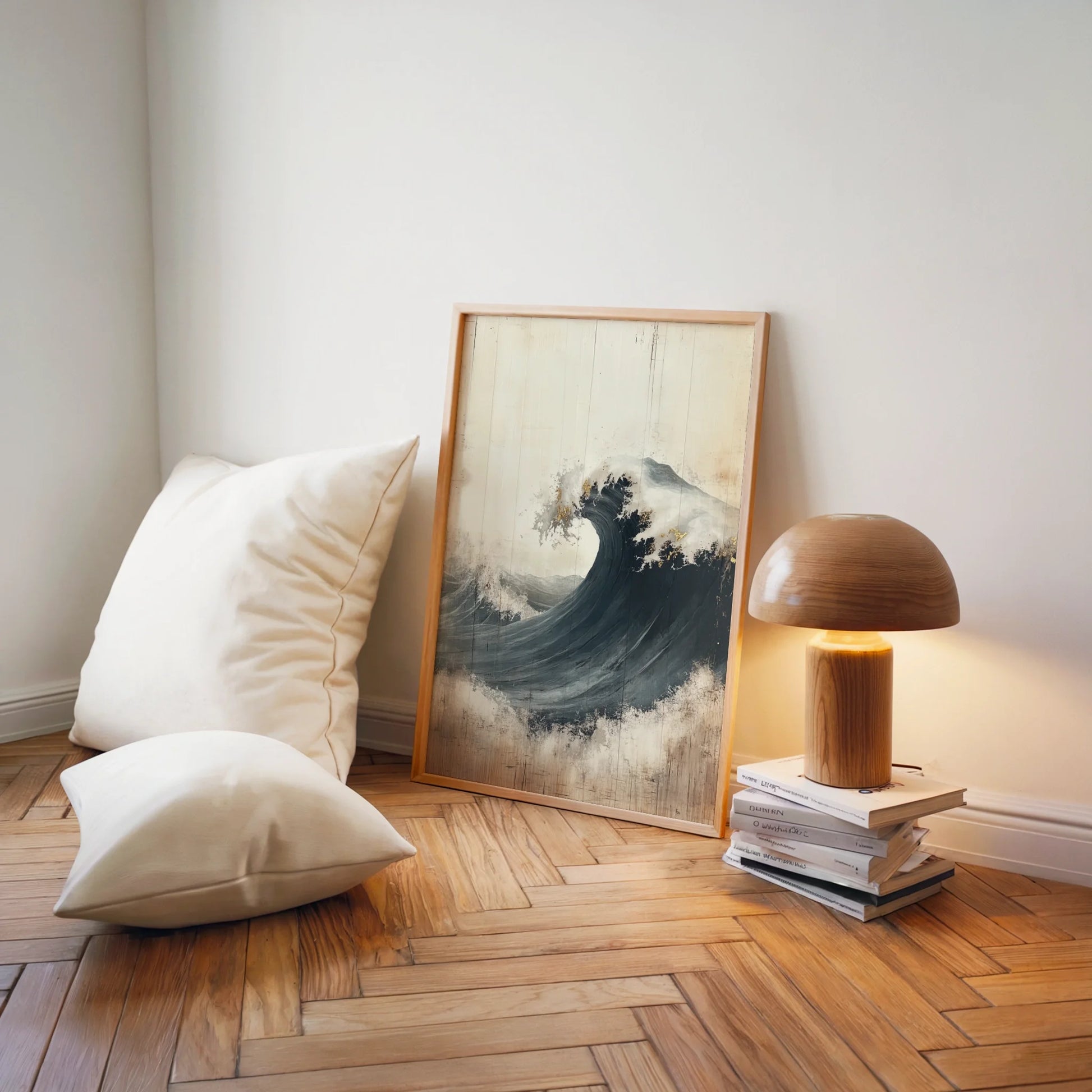 Large Wave Art Weathered Wood Japandi in room