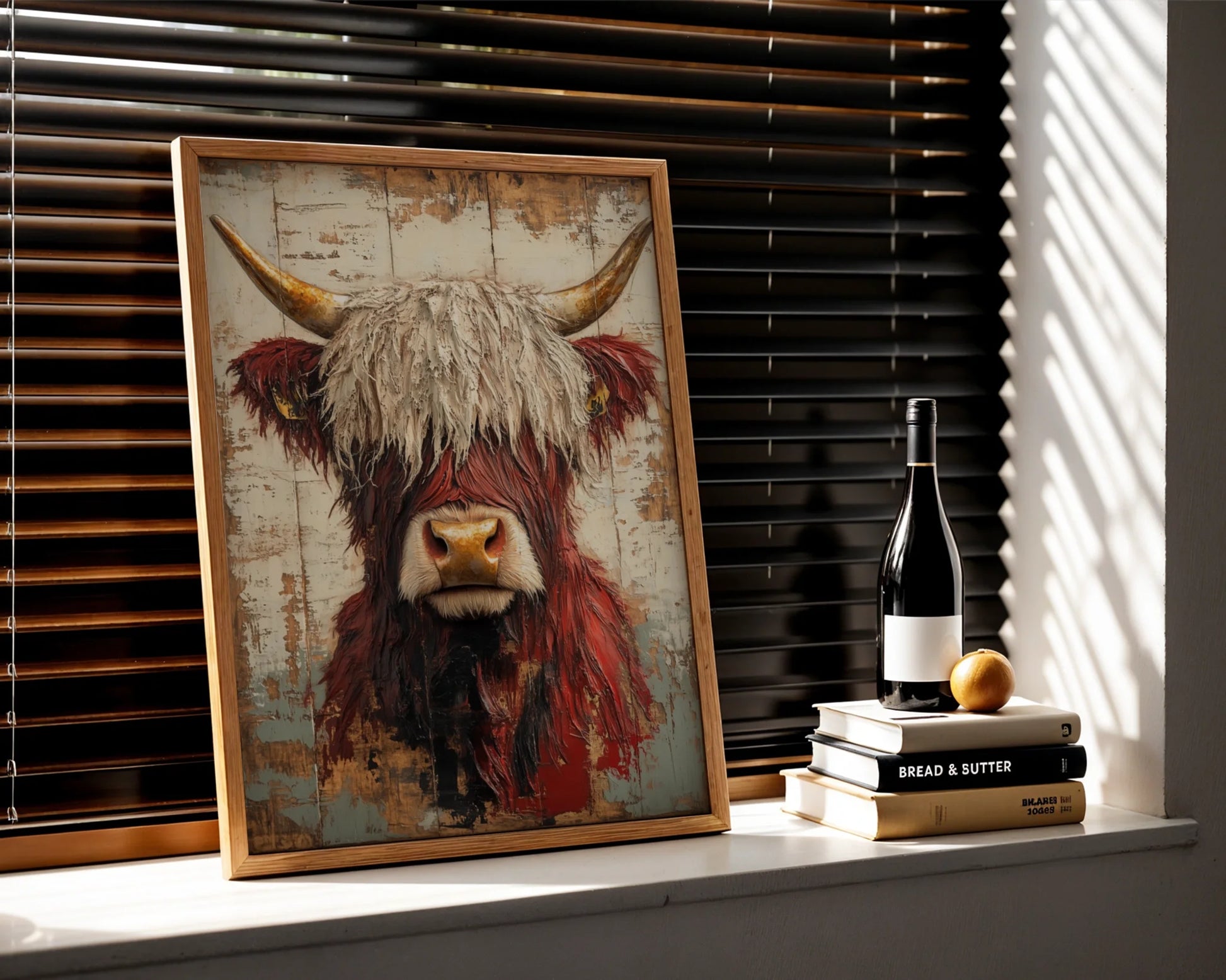 Highland Cow Art Rustic Bull Amber Horns Canvas Wall Art — Aged bovine portrait canvas displayed in cottage-inspired bedroom with vintage linens and reclaimed wood