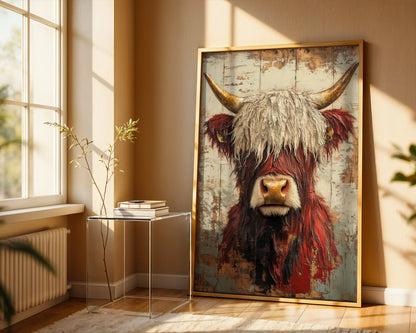 Highland Cow Art Rustic Bull Amber Horns Canvas Wall Art — Textured livestock artwork showcased in shabby chic living space with distressed furniture and mason jars