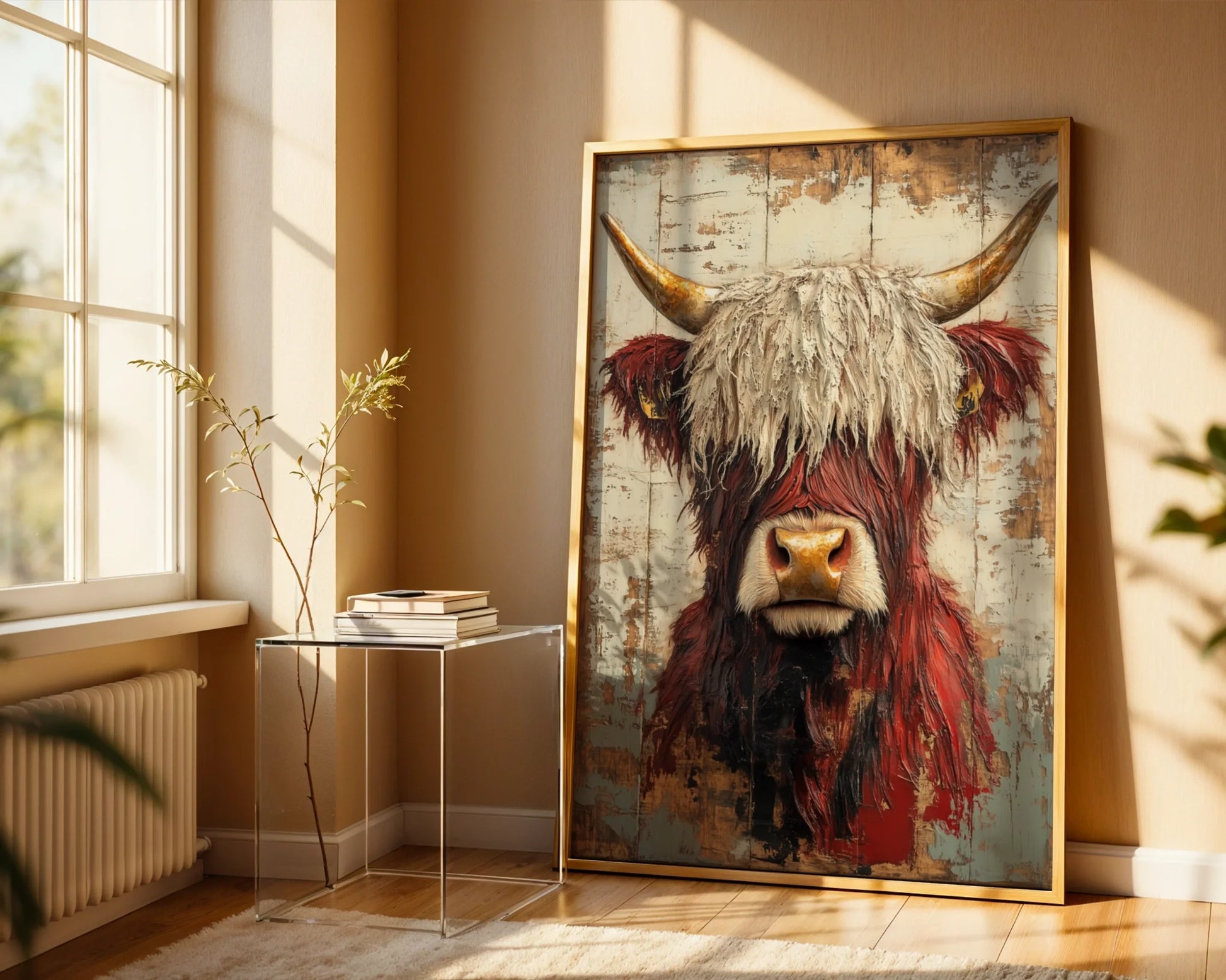 Highland Cow Art Rustic Bull Amber Horns in room