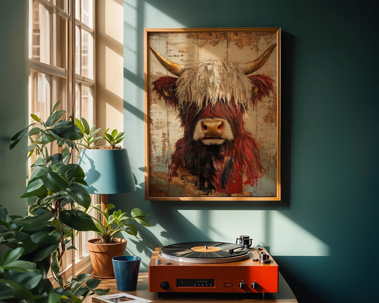 Highland Cow Art Rustic Bull Amber Horns Canvas Wall Art — Time-worn cattle portrait hanging in cozy kitchen nook with vintage mason jar collections