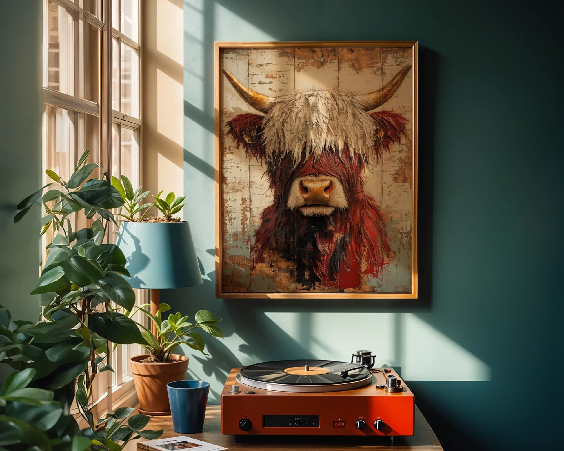 Highland Cow Art Rustic Bull Amber Horns Canvas Wall Art — Time-worn cattle portrait hanging in cozy kitchen nook with vintage mason jar collections