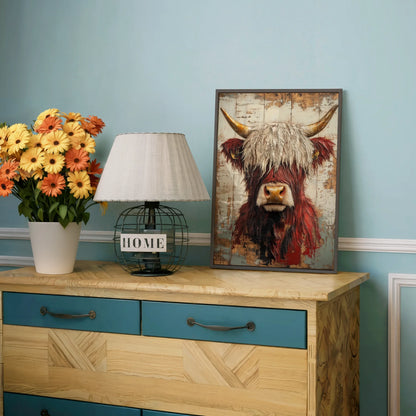 Highland Cow Art Rustic Bull Amber Horns in room