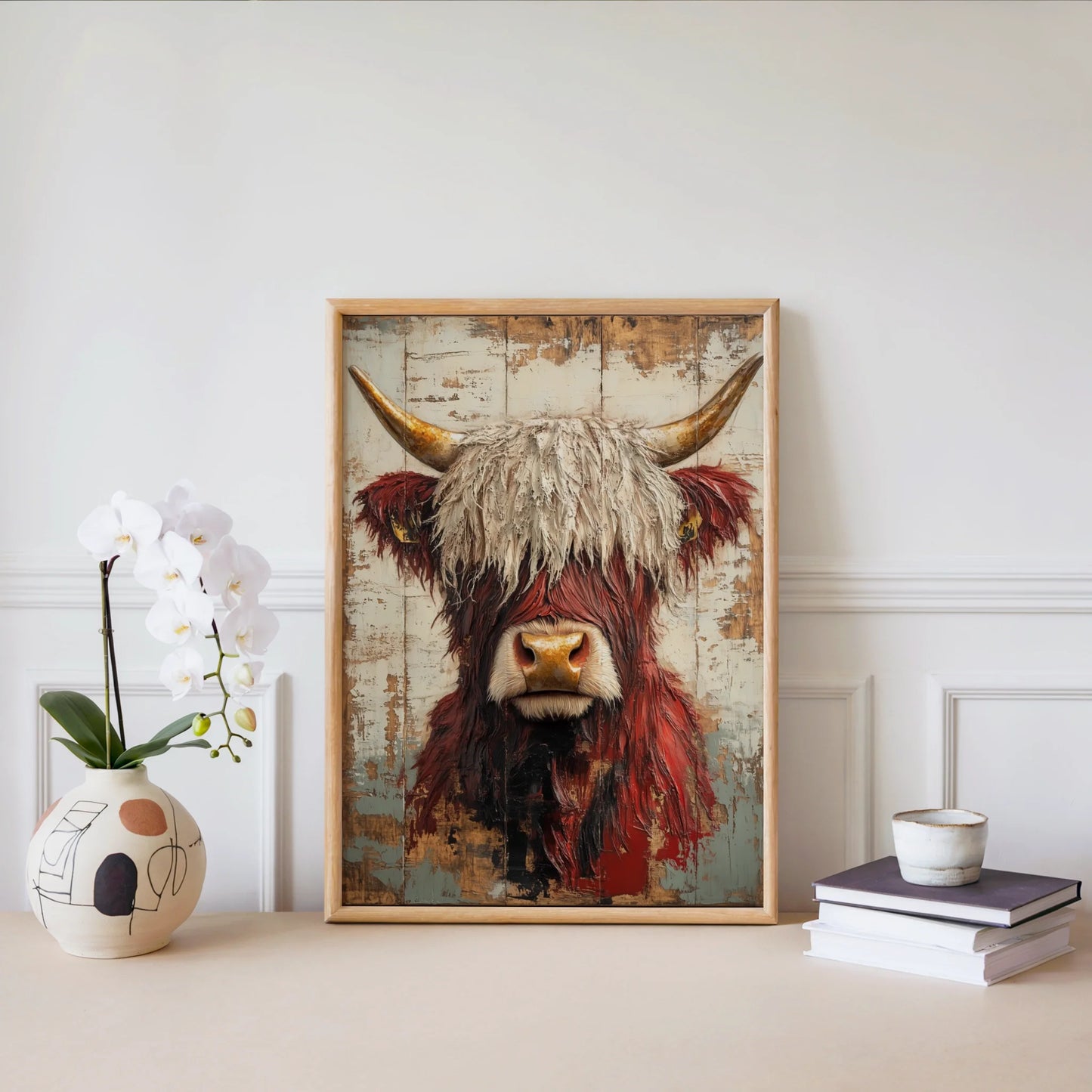 Highland Cow Art Rustic Bull Amber Horns in room