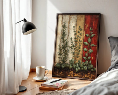 Rustic Herb Wall Art Mediterranean Peeling Paint Canvas Print — Rustic canvas showcasing Mediterranean garden herbs against weathered walls in French country decor