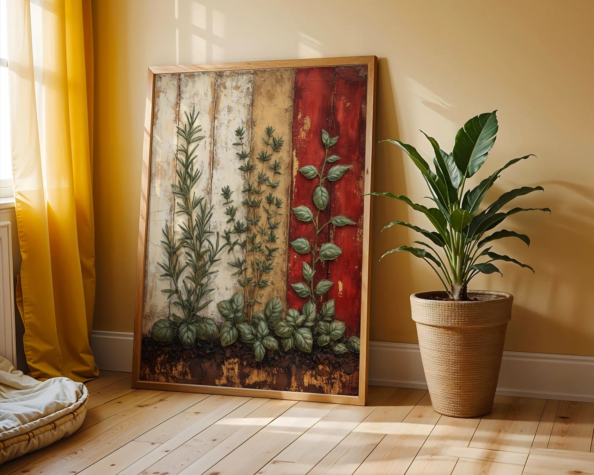 Rustic Herb Wall Art Mediterranean Peeling Paint Canvas Print — Distressed wall canvas featuring climbing herbs on aged surfaces for shabby chic home styling