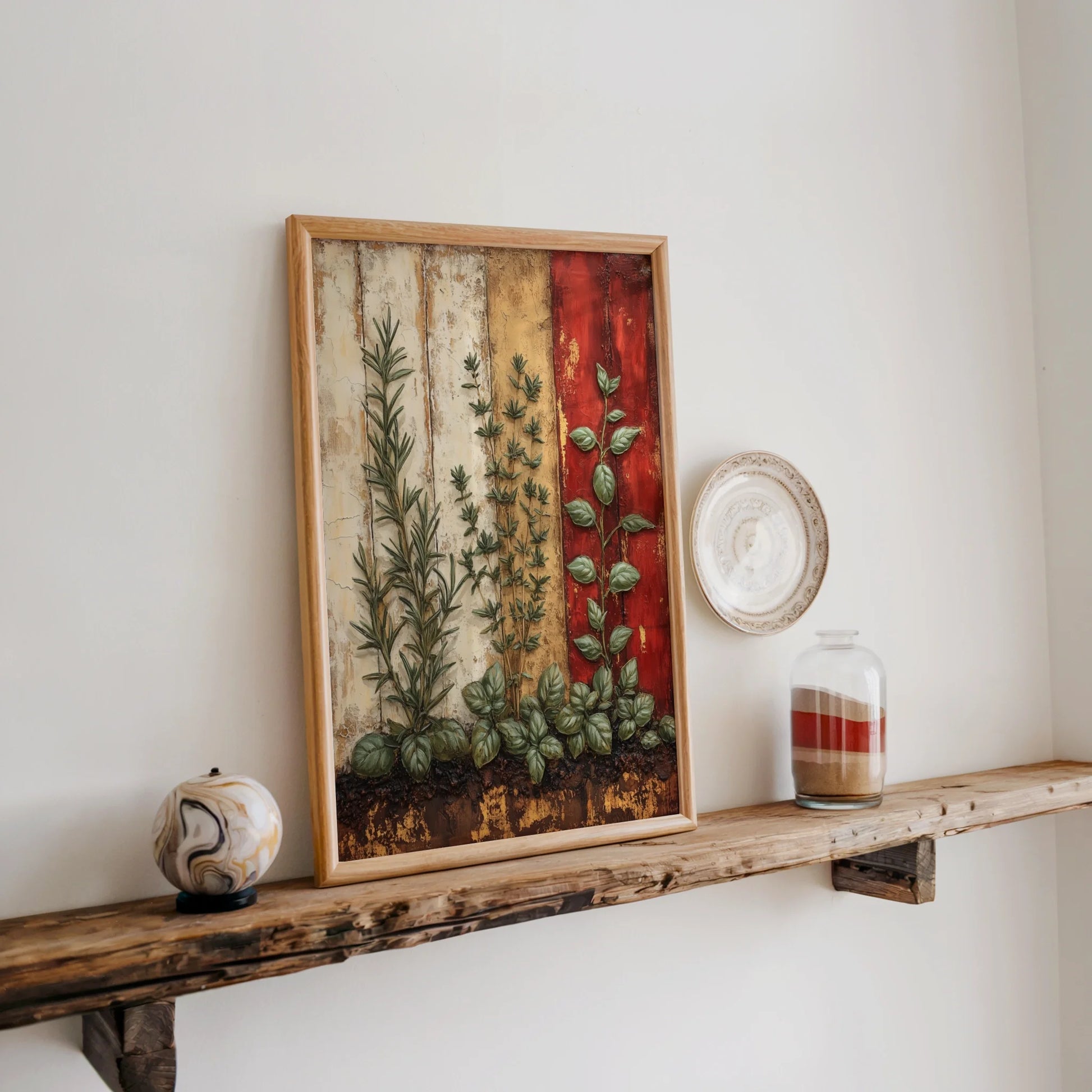 Rustic Herb Wall Art Mediterranean Peeling Paint Canvas Print — Paprika and sage toned artwork showing textured herb growth on sun-bleached ancient walls