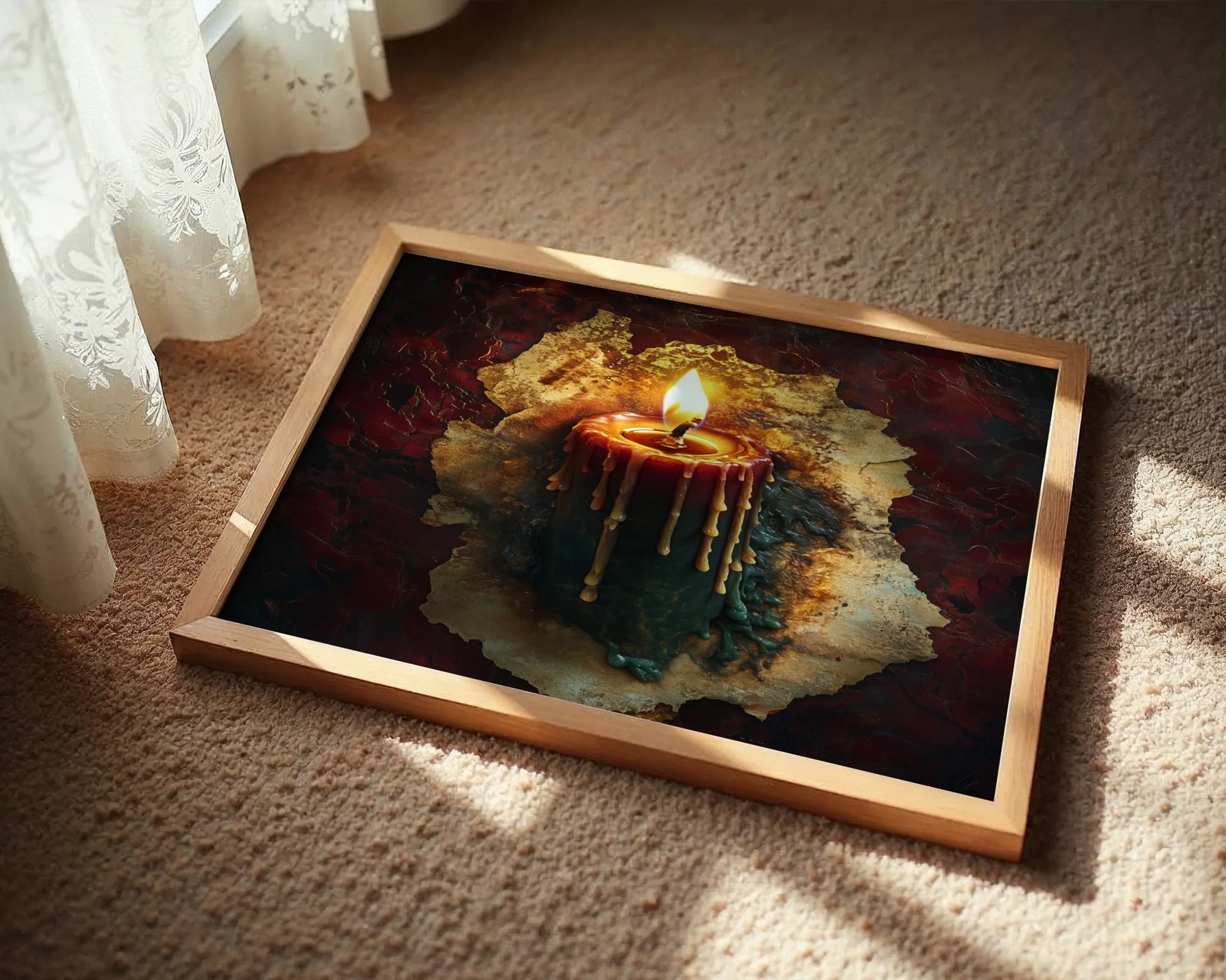Gothic Candle Flame Melting Wax Tears Canvas Wall Art — Brooding candlelight artwork displayed in minimalist living space with dark academia aesthetic vibes