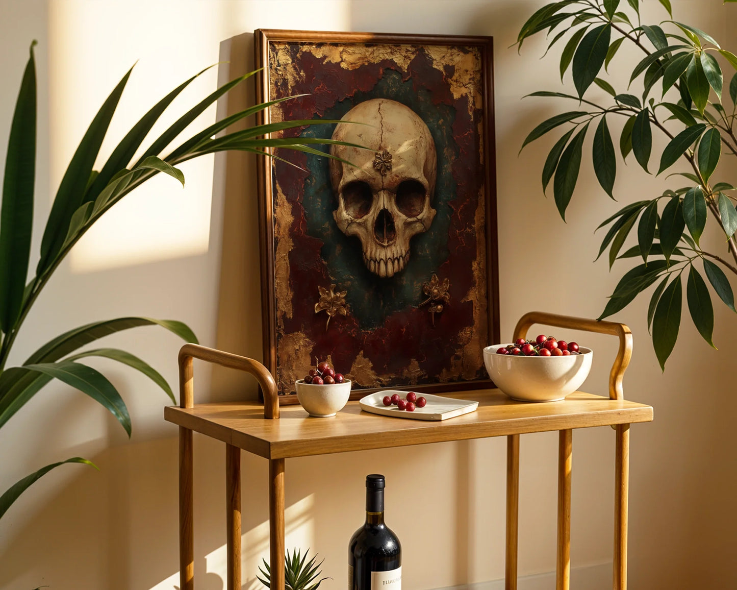 Gothic Skull Art Baroque Gold Leaf Cracked Canvas Wall Art — Dramatic skull artwork with intricate metalwork displayed in contemporary living space