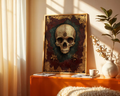 Gothic Skull Art Baroque Gold Leaf Cracked Canvas Wall Art — Period-inspired skull canvas with detailed metalwork for elegant traditional home styling