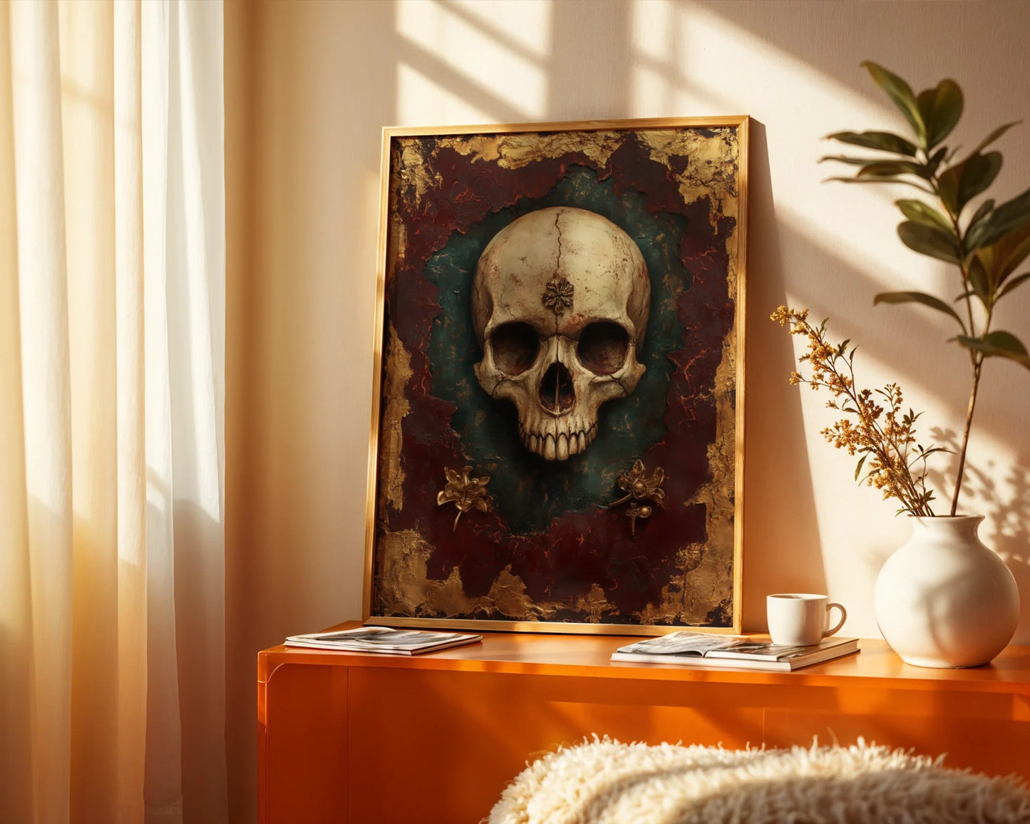 Gothic Skull Art Baroque Gold Leaf Cracked in room