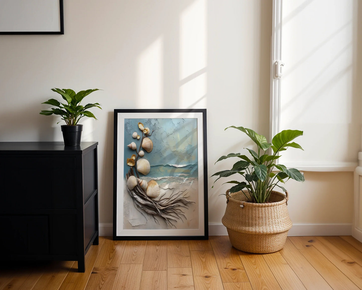 Coastal Driftwood Shell Art Textured Sculpture in room