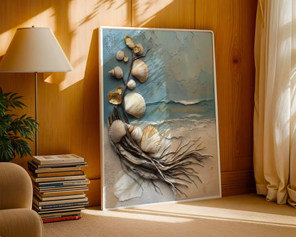 Coastal Driftwood Shell Art Textured Canvas Wall Art Sculpture — Seafaring themed canvas displays curved timber and shells in minimalist interior design setting