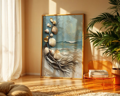 Coastal Driftwood Shell Art Textured Sculpture in room
