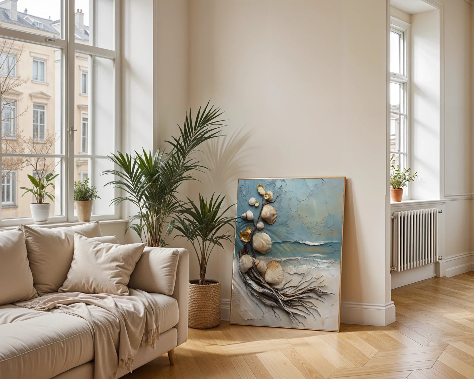 Coastal Driftwood Shell Art Textured Canvas Wall Art Sculpture — Windswept marine canvas shows twisted timber spiral in bright contemporary living space decor