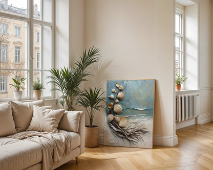 Coastal Driftwood Shell Art Textured Canvas Wall Art Sculpture — Windswept marine canvas shows twisted timber spiral in bright contemporary living space decor