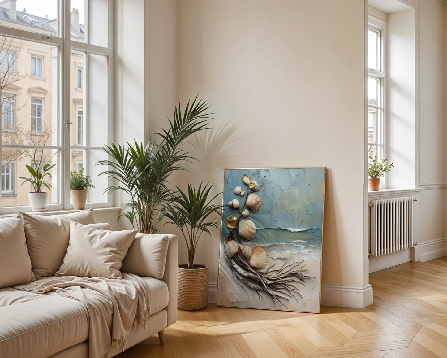 Coastal Driftwood Shell Art Textured Sculpture in room