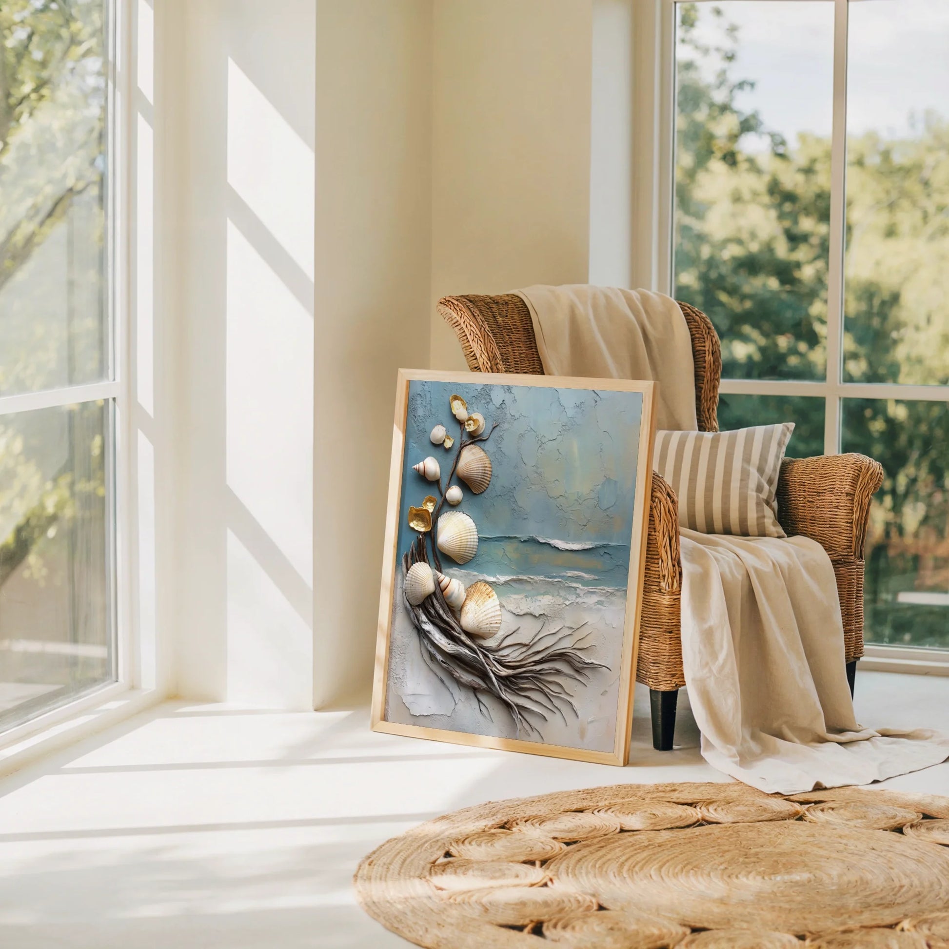 Coastal Driftwood Shell Art Textured Canvas Wall Art Sculpture — Rustic ocean themed artwork displays barnacle-textured elements in farmhouse style interior design