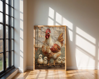 Farmhouse Chicken Art Mother Hen Chicks Canvas Wall Art — Vintage-inspired artwork showing nurturing bird with babies on weathered wood for country style homes
