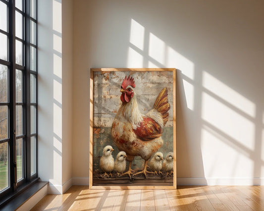 Farmhouse Chicken Art Mother Hen Chicks Canvas Wall Art — Vintage-inspired artwork showing nurturing bird with babies on weathered wood for country style homes