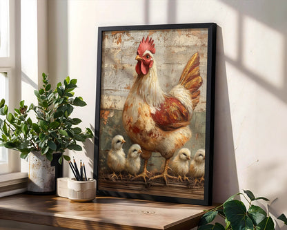 Farmhouse Chicken Art Mother Hen Chicks Canvas Wall Art — Traditional art piece depicting protective poultry against aged timber for classic home styling