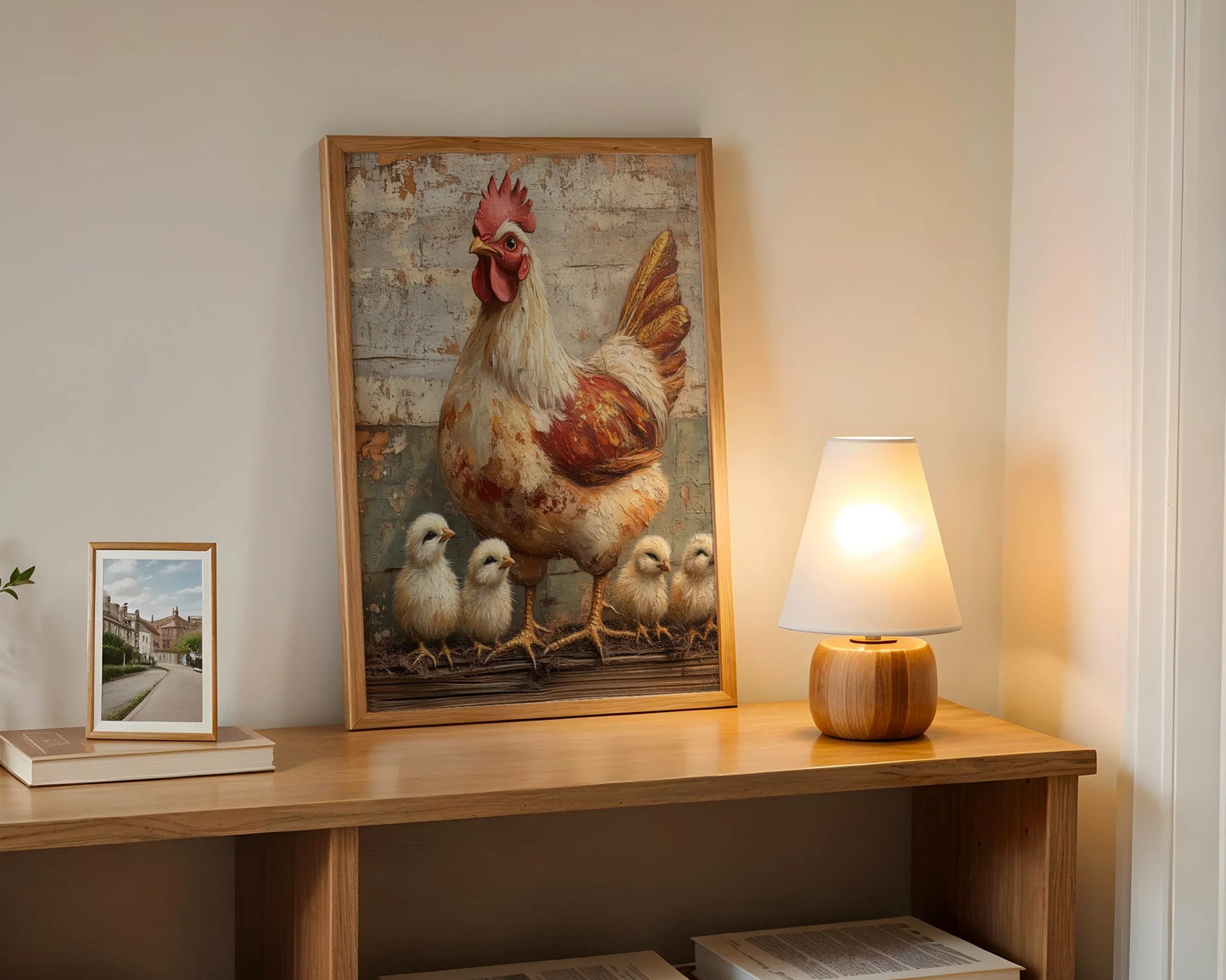 Farmhouse Chicken Art Mother Hen Chicks Canvas Wall Art — Antique-style canvas showcasing devoted fowl with offspring mounted in timeless farmhouse setting