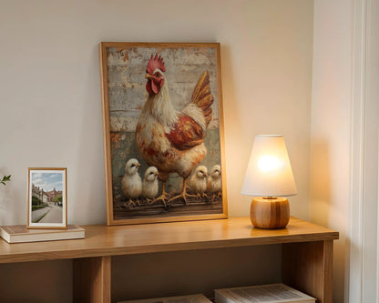Farmhouse Chicken Art Mother Hen Chicks in room