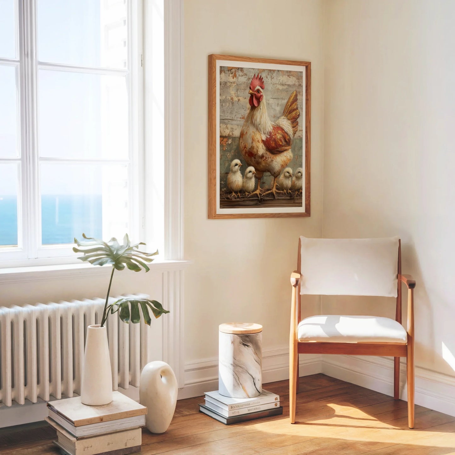 Farmhouse Chicken Art Mother Hen Chicks Canvas Wall Art — Old-world print featuring gentle bird sheltering little ones on rustic backdrop for rural decor