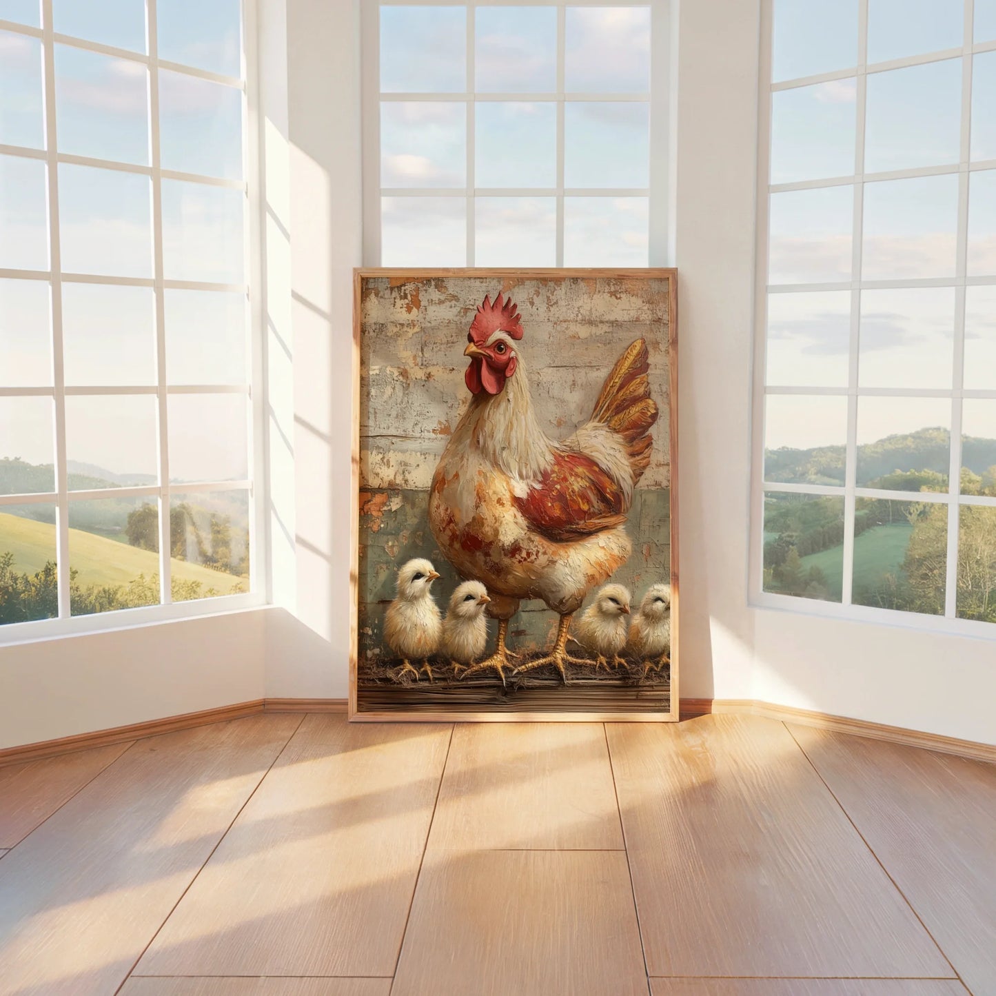 Farmhouse Chicken Art Mother Hen Chicks Canvas Wall Art — Canvas with burnt orange and cream tones showing textured brushwork in neutral living space