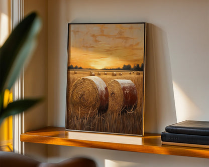 Harvest Field Hay Bales Amber Sunset Farmhouse Canvas Wall Art — Cottage style canvas showcasing pastoral meadow with rolled bales in evening light for cozy decor