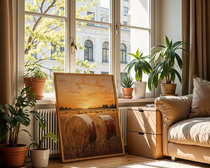 Harvest Field Hay Bales Amber Sunset Farmhouse Canvas Wall Art — Vintage canvas print featuring rural countryside with bundled hay at dusk for traditional interiors