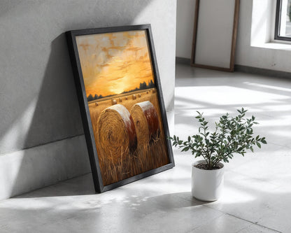 Harvest Field Hay Bales Amber Sunset Farmhouse Canvas Wall Art — Weathered canvas depicting pastoral scene with straw rolls under twilight for vintage home design